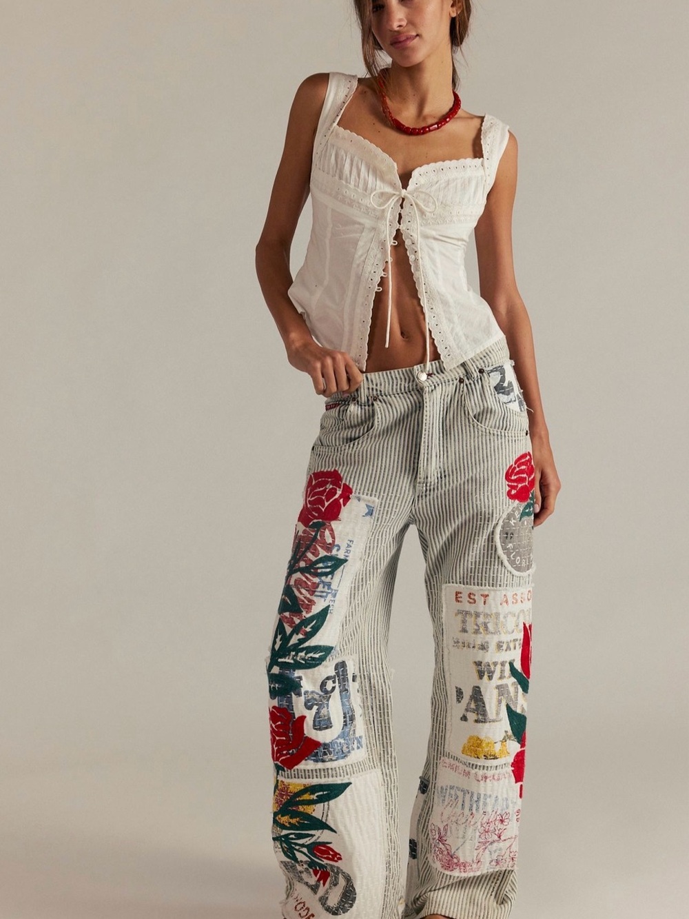 We The Free Striped Straight-Leg Jeans with Red Rose Patchwork